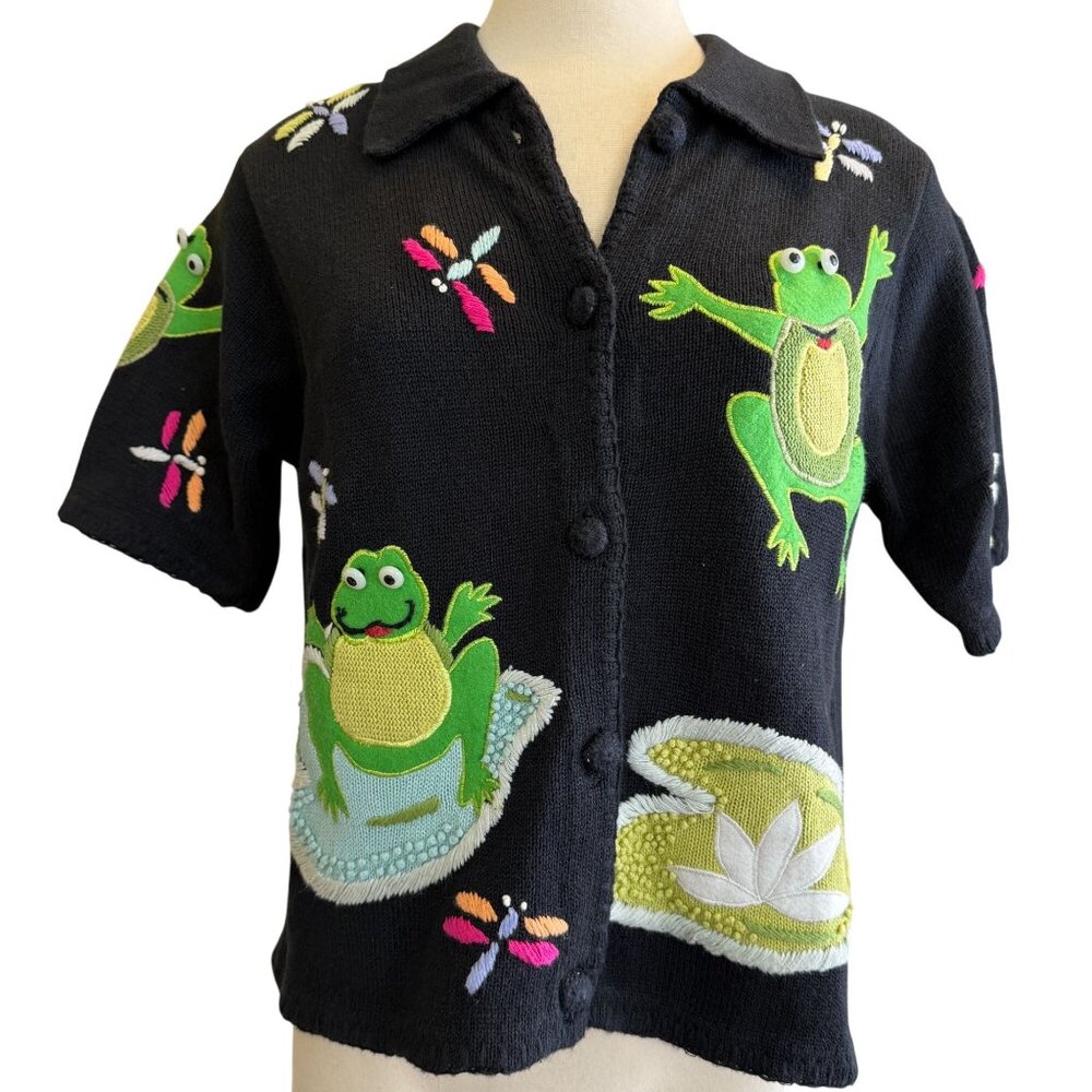 VTG BellePointe knit frog embroidered cardigan shirt size medium‎ short sleeve